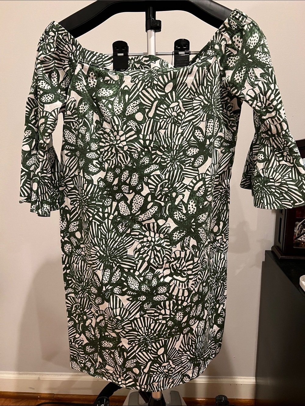 H&M Green and White Floral Off-Shoulder Dress with Flared Sleeves
